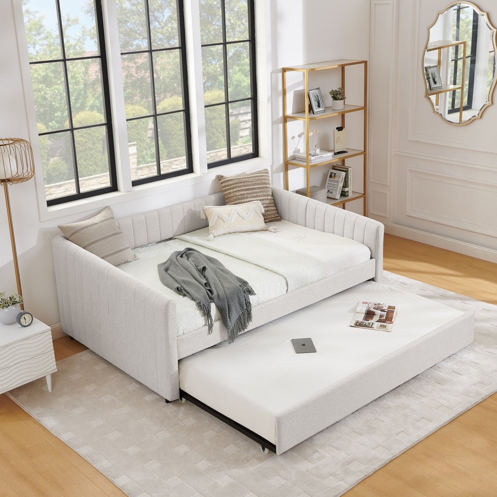 Full Daybed Modern Linen Upholstered Bed Frame Sofa Bed with Pull-Out Trundle