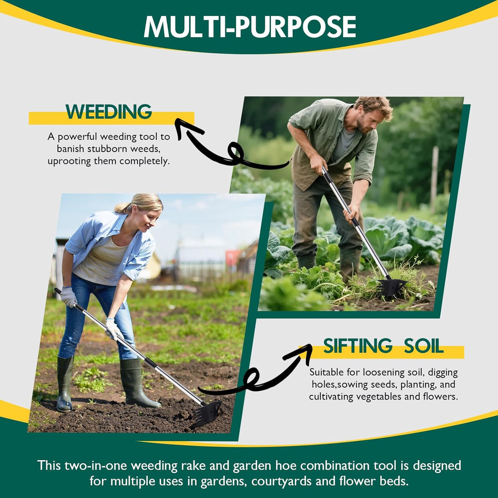 Heavy-Duty Long Handle Weeding Rake - 2-in-1 Manual Weed Puller Tool