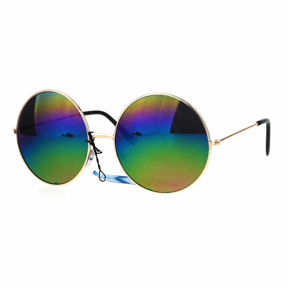 Rainbow Mirror Lens Sunglasses Womens Oversized Round Circle Metal Frame