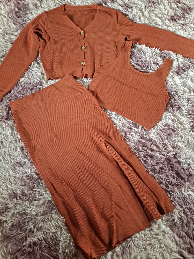 Shein 3 Piece Ribbed Acrylic Knit Set Size M Rust BNWT