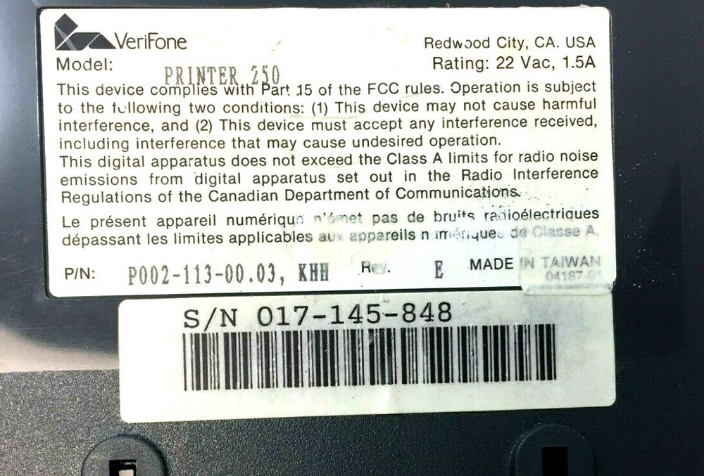 VeriFone Printer 250 Receipt Printer w/ Power Supply