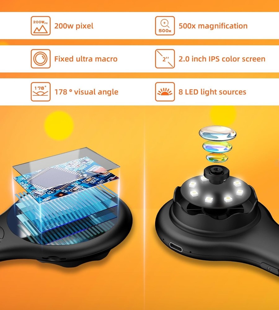 Handheld Digital Microscope 500x Magnifying Glass LED Light USB Rechargeable