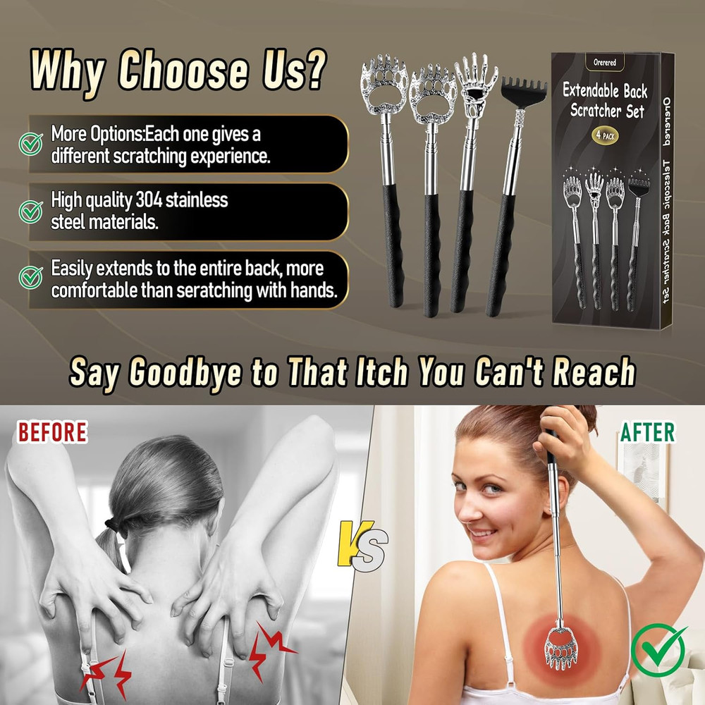 4Pcs Back Scratcher, Extendable Back Massager Tool with Rubber Handle-Telescopic