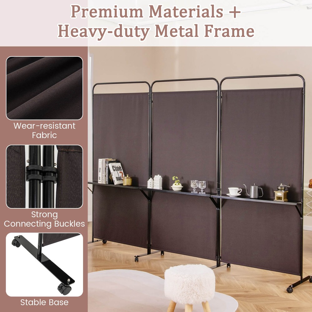 3-Panel Room Divider w/ Storage Shelves 6FT Tall Folding Privacy Screen on