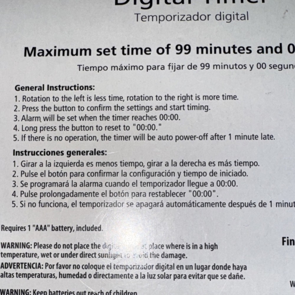 NEW Mainstays Digital Timer Large Display Gray Plastic Battery Powered Kitchen