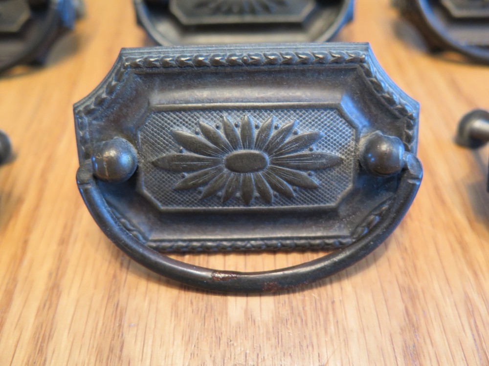 Antique Brass Tone Drawer Pulls Drop Pulls - Set of 9