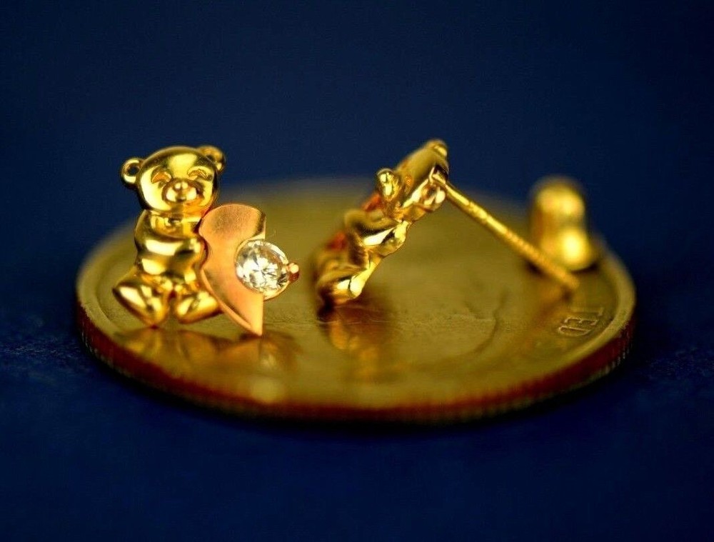 14k Yellow Gold CZ Heart Bear Stud Earring