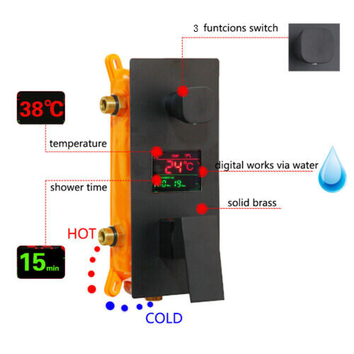 Concealed Box Black 2-way Digital Display Shower Diverter Mixer Control Valve