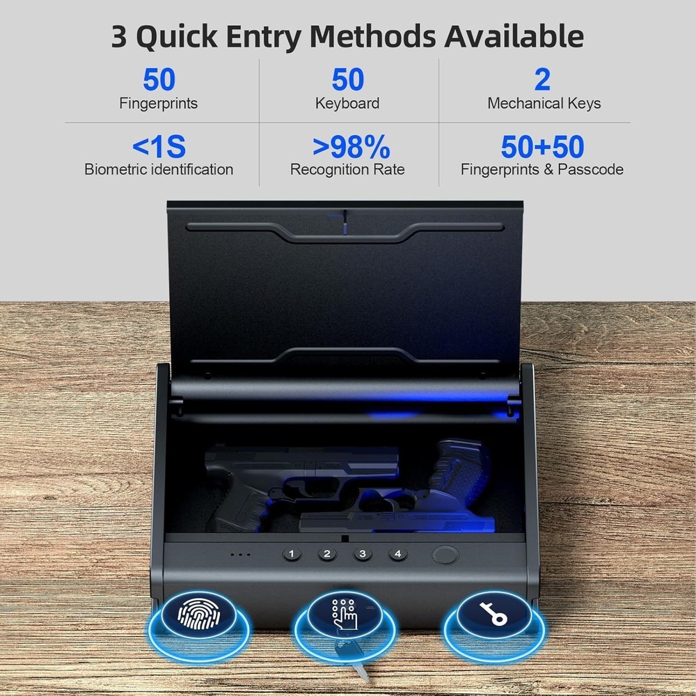 Quick Access Fingerprint Pistol Safe with Interior Light Features