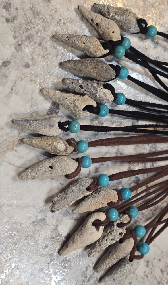 Fossil shell necklaces with turquoise gemstone bead