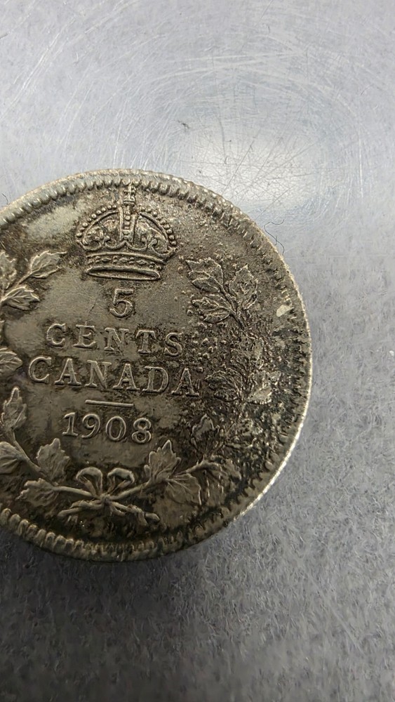 1908 Canadqin 5 Cent Piece Partial Brockage