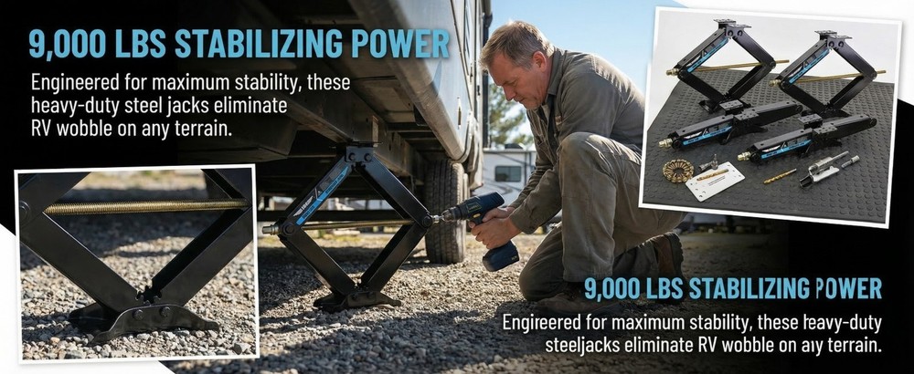 Set 4 HD 9000lb RV Stabilizer Leveling Scissor Jacks w/socket & install Kit 24"