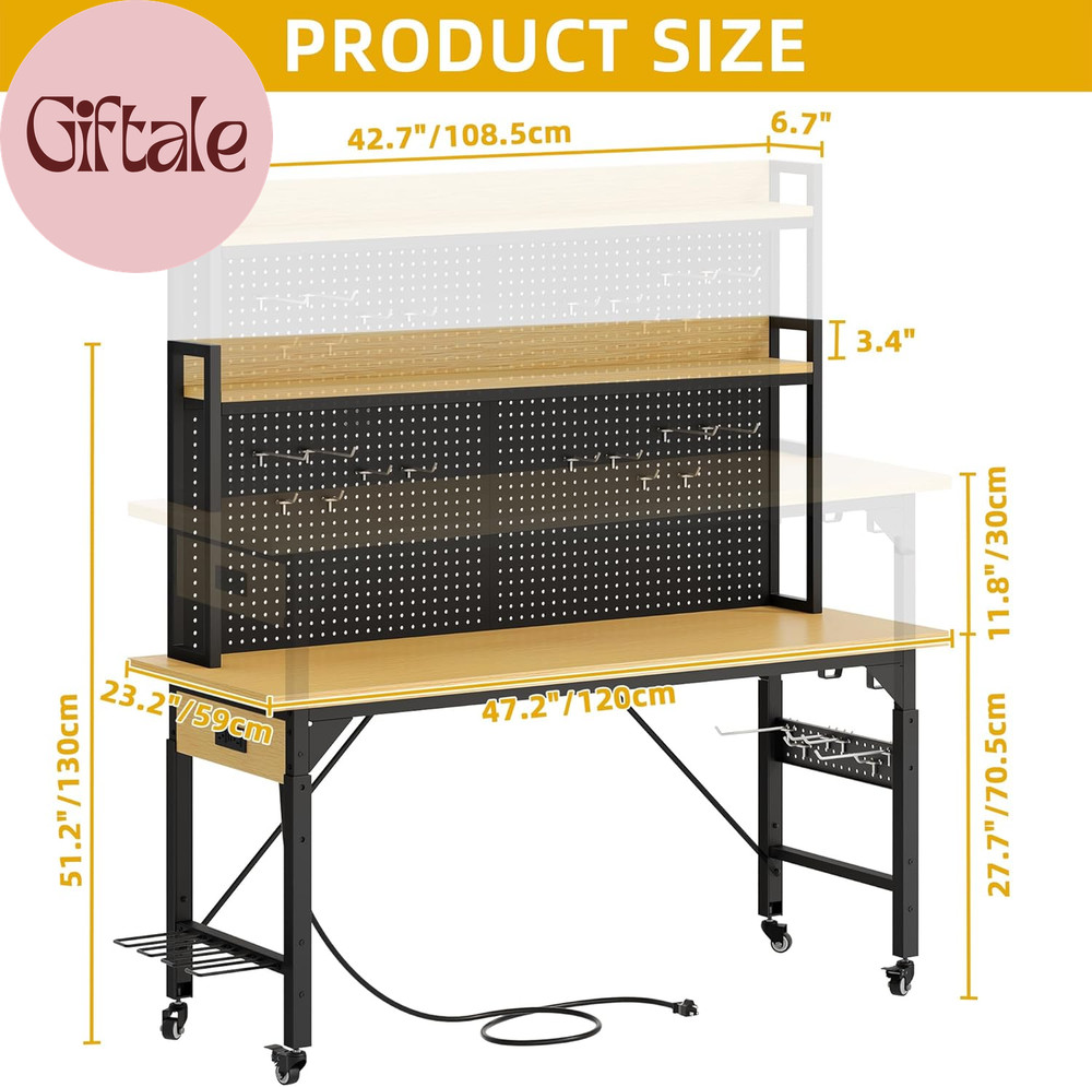 Adjustable Workbench with Pegboard 48", Heavy Duty Wood Top Work Bench with Whee