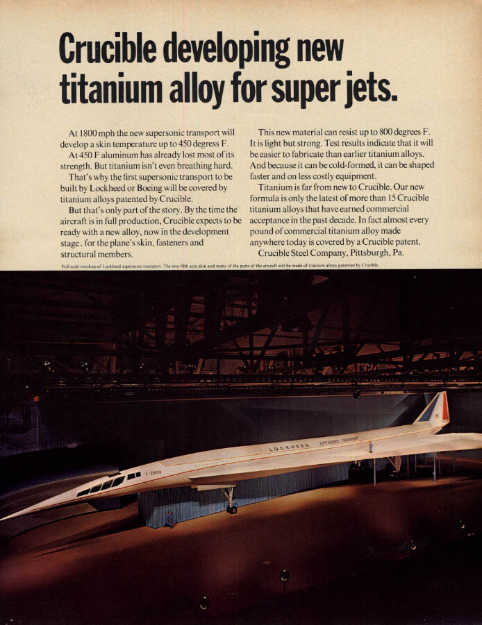 Crucible developing new titanium alloy for Lockheed SST ad 1966 F