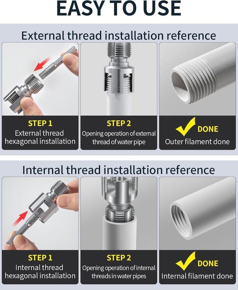Dual-Function PVC Pipe Threader for Drill - 1/2'' & 3/4'' Compatible Tools