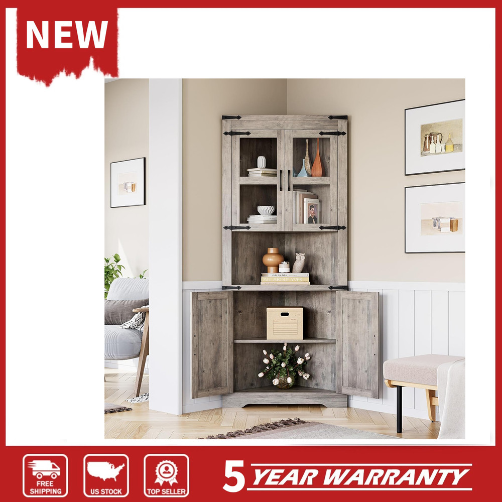 ⭐Corner Storage Cabinet, Bathroom Floor Storage Cabinet with Doors,Kitchen,Grey