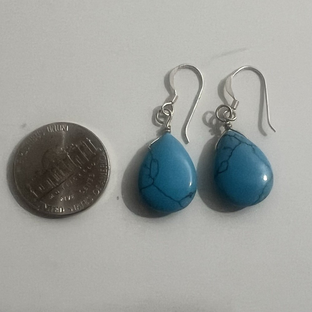 Teardrop Blue Howlite Stone Dangle Earrings – 925 Silver Hooks