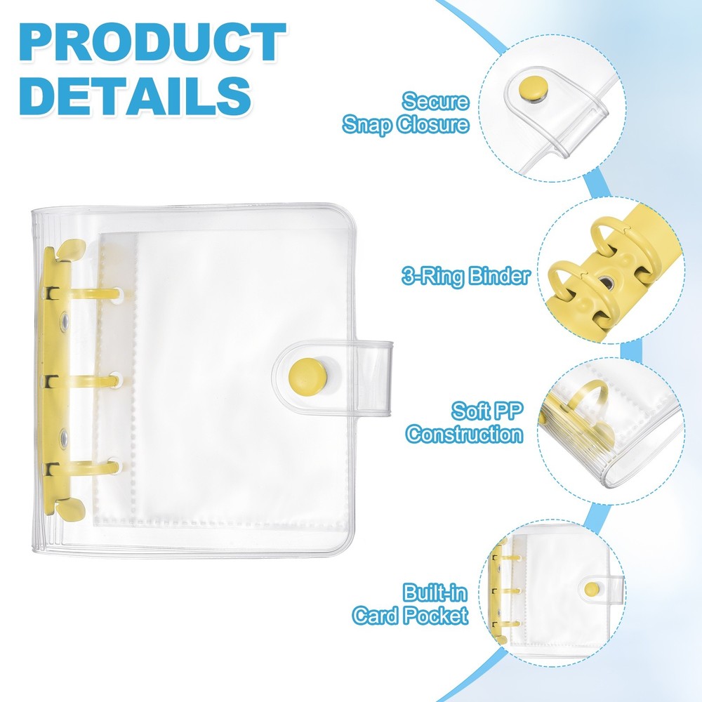 A8 Mini 3-Ring Binder Cover, Clear PP Notebook Binder with Inner Pockets, Yellow