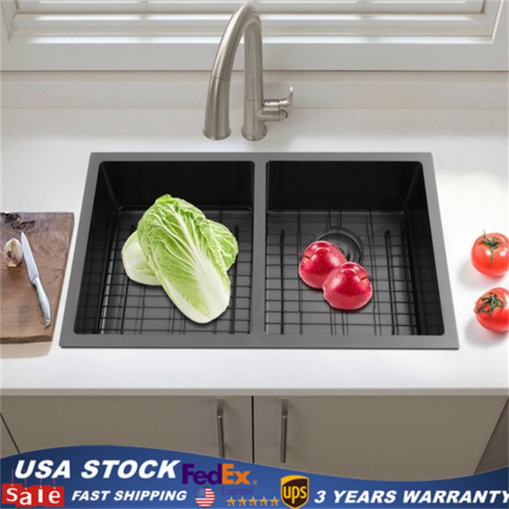 Double Bowl Sink Kitchen Sink Rectangular Stainless Steel Sink w/Grid & Drainer