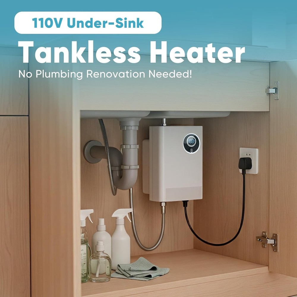110V Tankless Electric Water Heater, 3000W Compact Under-Sink Heater, Adjustable