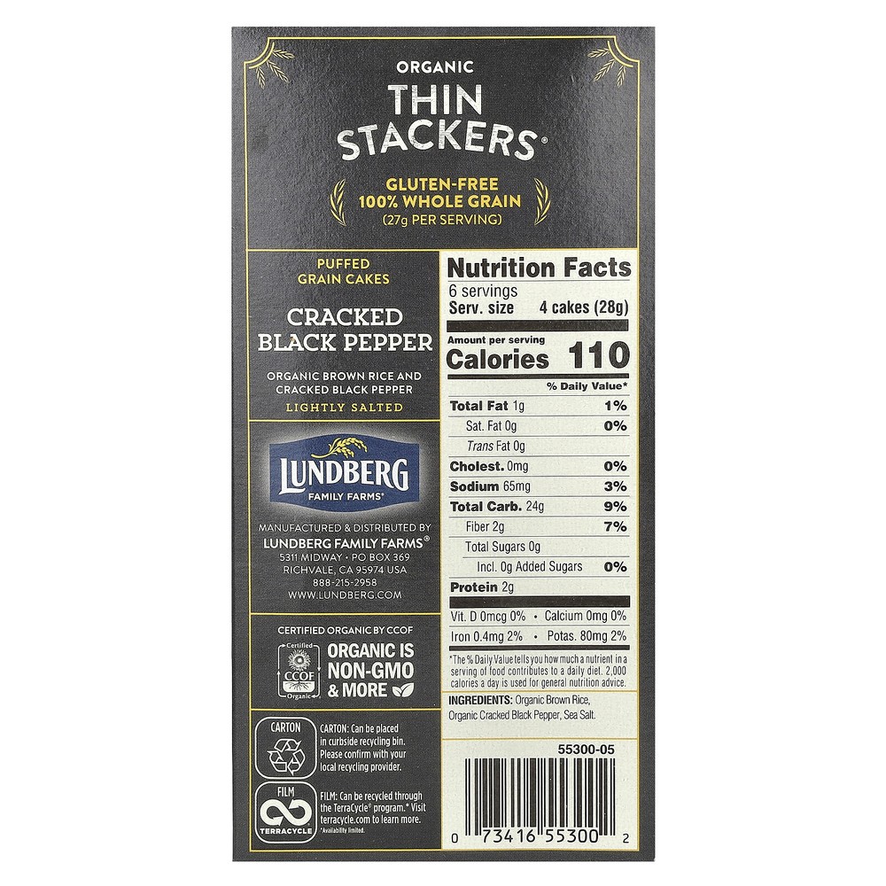 Organic Thin Stackers, Puffed Grain Cakes, Cracked Black Pepper, Lightly Salted,