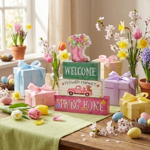 Spring Decorations, 4 Pcs Wooden Spring Table Decorations, Farmhouse Multicolor