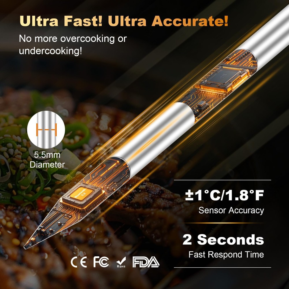 Wireless Meat Thermometer Digital, Instant Read, Long Bluetooth Range, Alarm,...