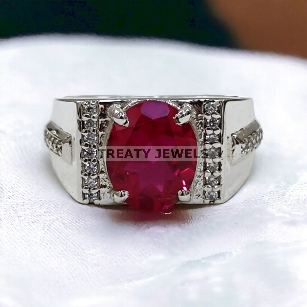 Ruby Oval Cut Gemstone With 14K Solid White Gold Ring For Men's #A495