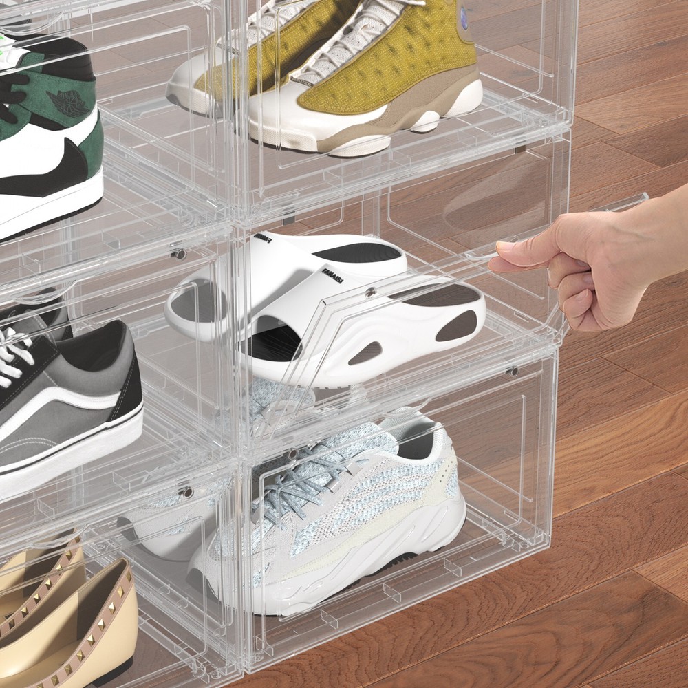 Large 6 Pack Plastic Stackable Shoe Organizer with Magnetic Door, Clear