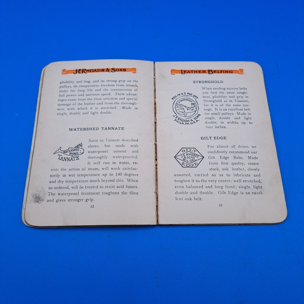 Antique J.E. Rhoads & Sons Belt Users Book, 1919, Machinery Leather Belts, 54 pg