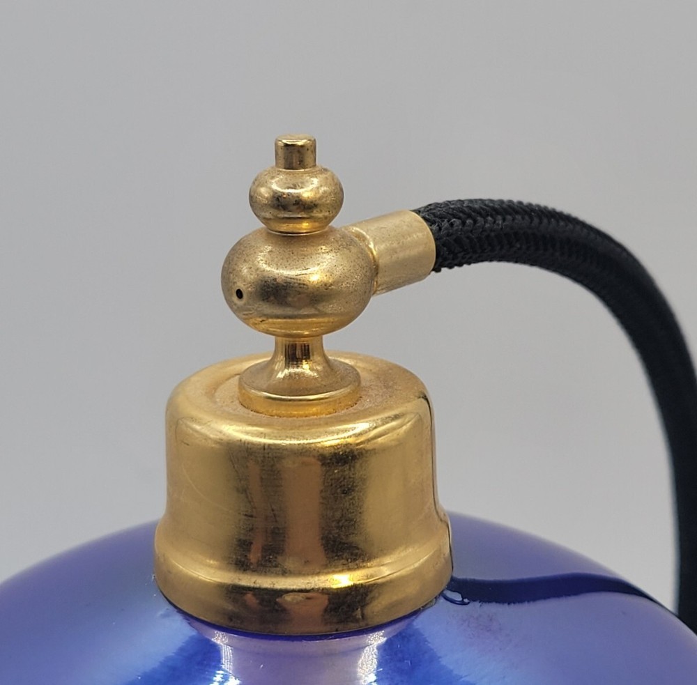 Handblown Iridescent Blue Glass Footed Perfume Atomizer • Refillable • 7"H