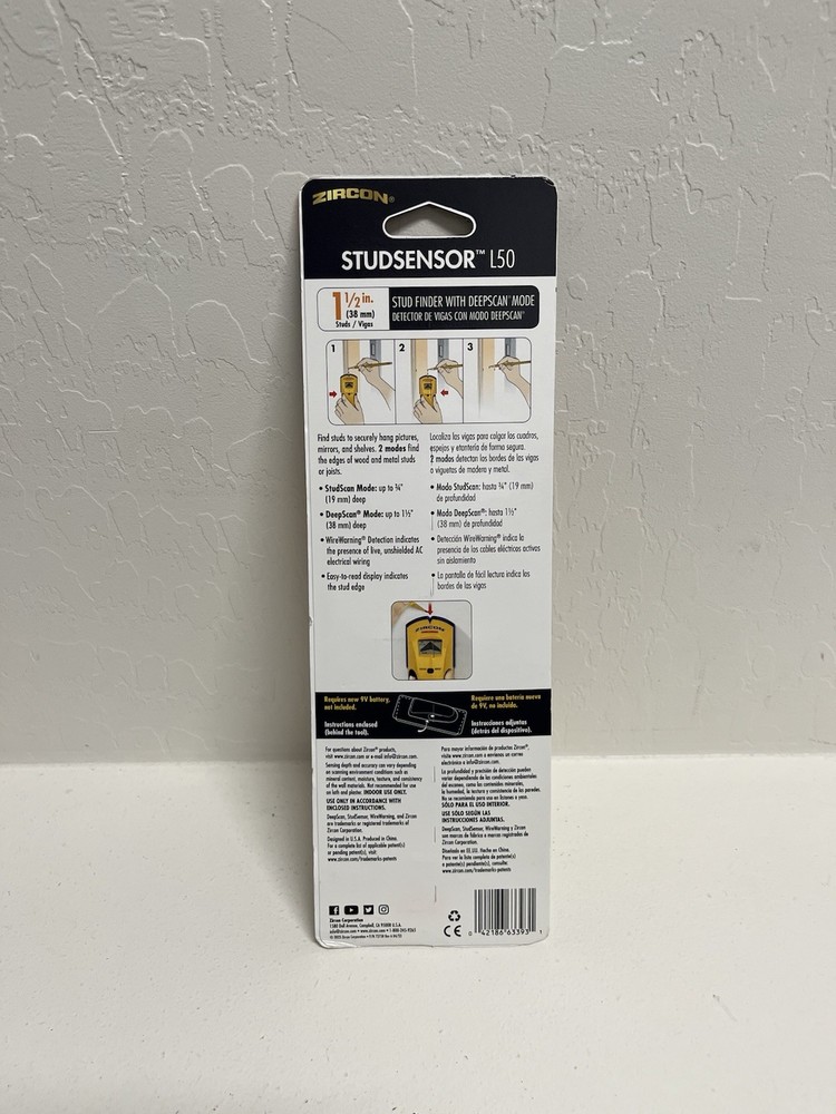 Zircon StudSensor L50 Edge Finding Electronic Stud Finder Sensor w/Deep Scan New