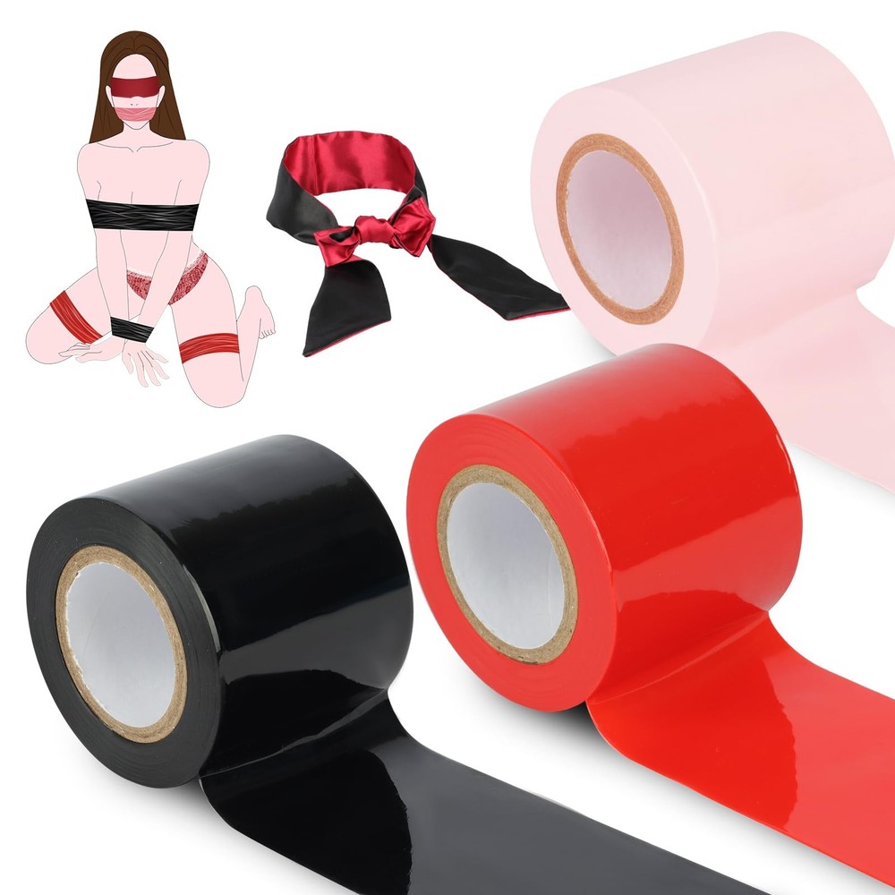 BDSM Bondage Restraints Tape Set – 3 Rolls Electrostatic Tape with Blindfold ...