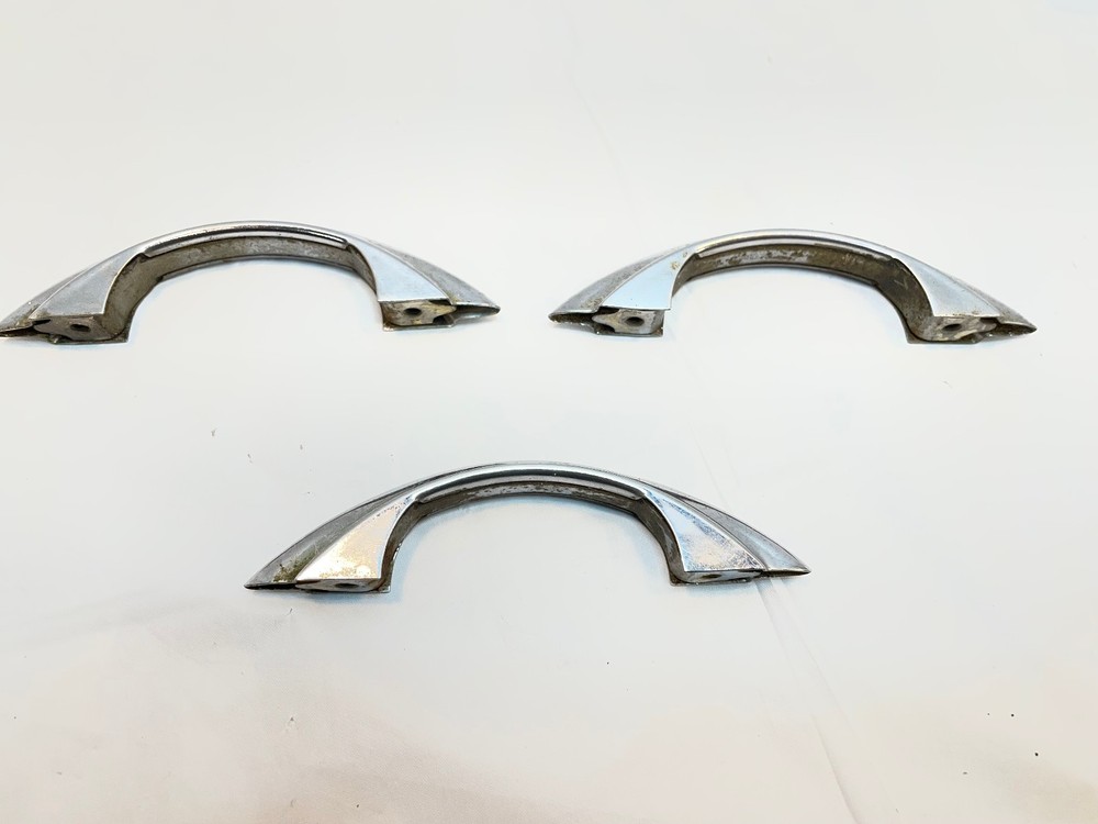 3 Vintage Polished Chrome Drawer Pulls Stepped Sides Art Deco Cabinet Handle