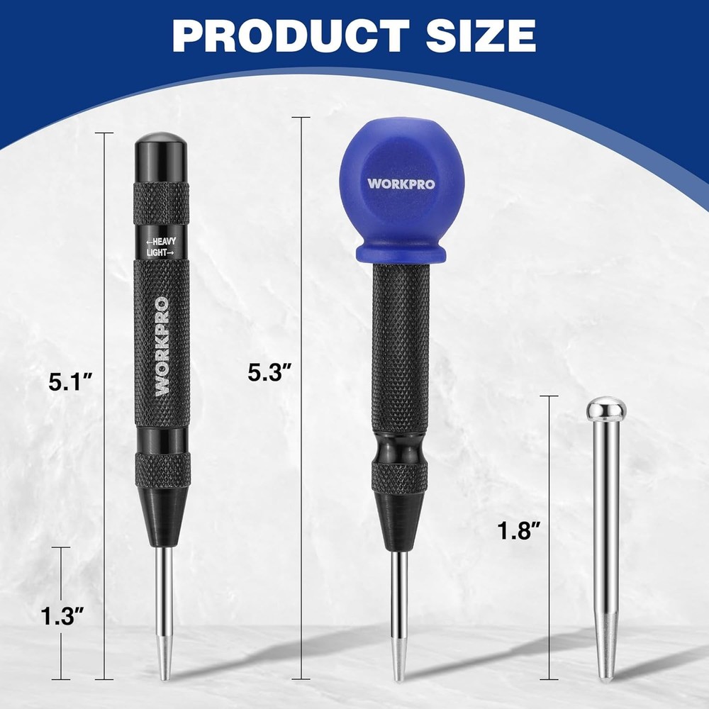 WORKPRO 2PCS Automatic Center Punch with an Extra Replacement Tip, Adjustable Sp