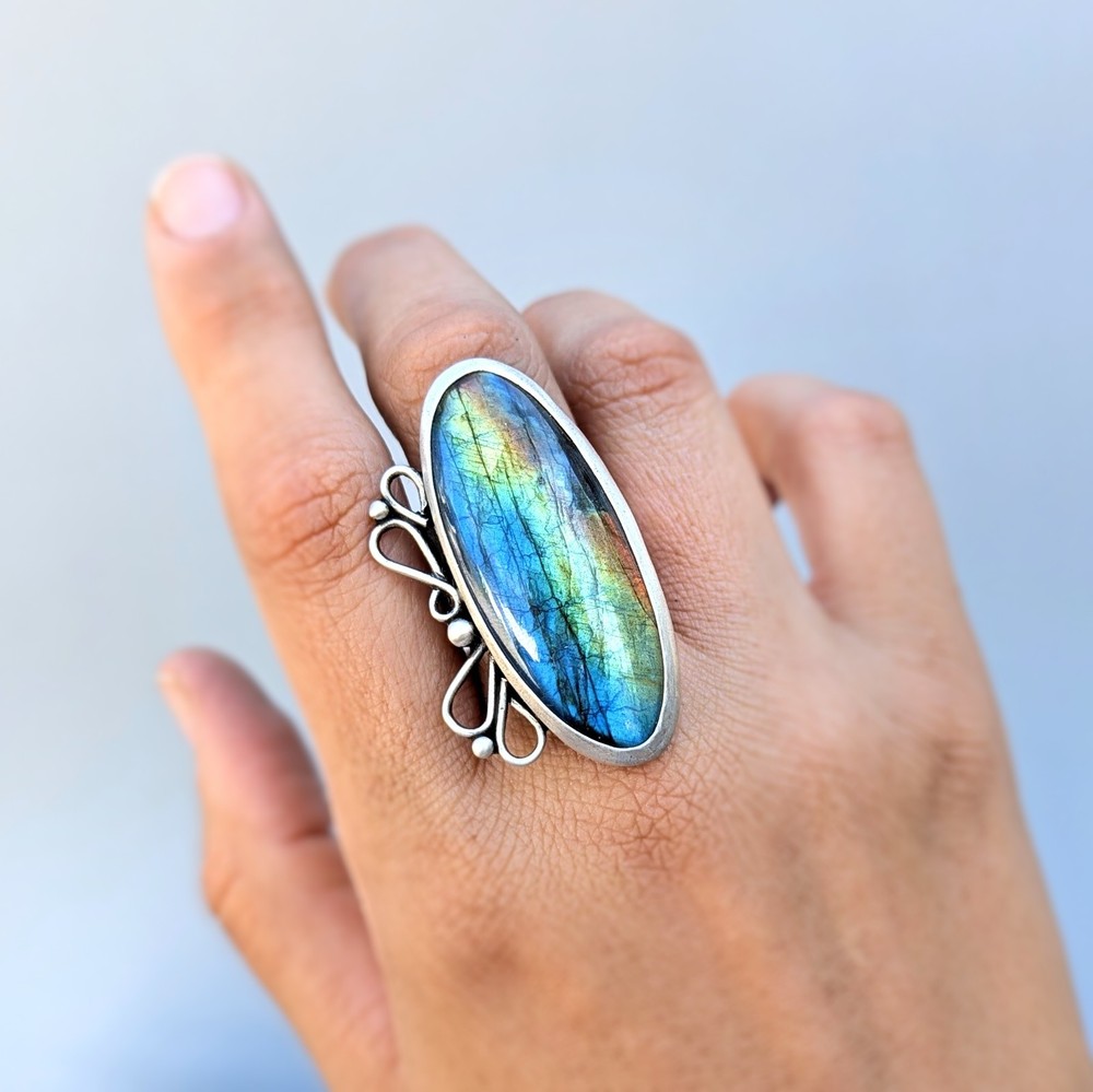 Handcrafted Sterling Silver and Rainbow Labradorite Adjustable Statement Ring