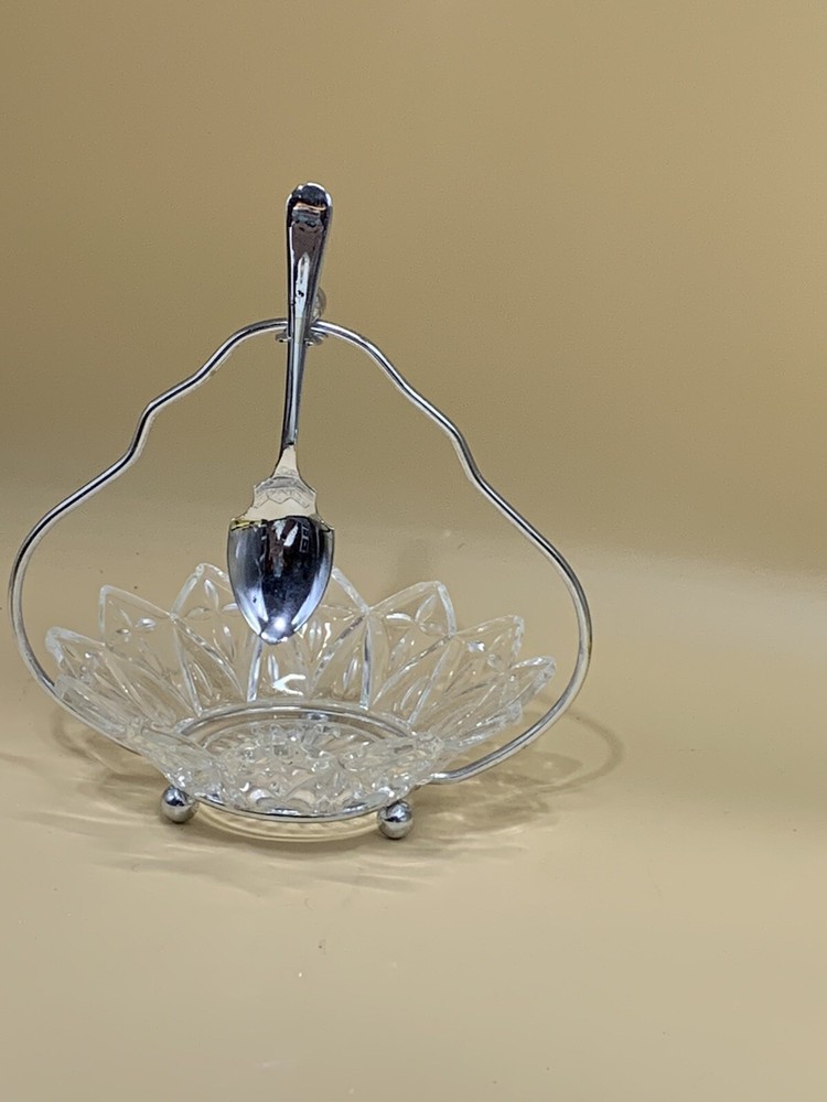 PRETTY GLASS GARNISH DISH WITH SPOON