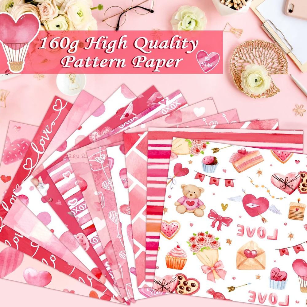24 Sheets Valentine Scrapbook Paper, Double Sided Valentine’s Day Patterned P...
