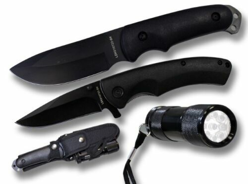 Survival Camping Black Stealth Fixed-Blade Folding Knife & LED Flashlight SET