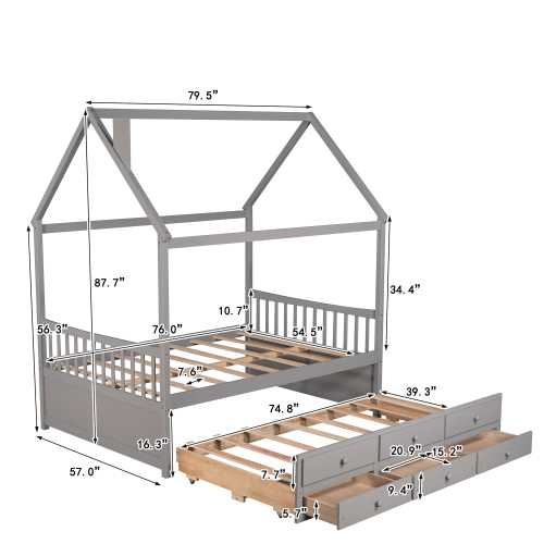 Solid Wood Captain’s Bed Full Size House Bed Frames w/ Trundle & Storage Drawers