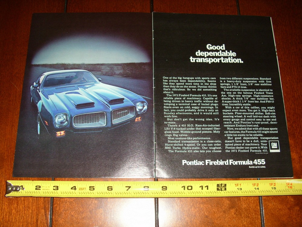 1972 PONTIAC FIREBIRD FORMULA - ORIGINAL 2 PAGE AD