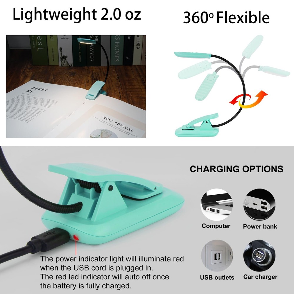 Rechargeable Book Reading Light, Portable Bendable Neck, Brightness Adjustabl...