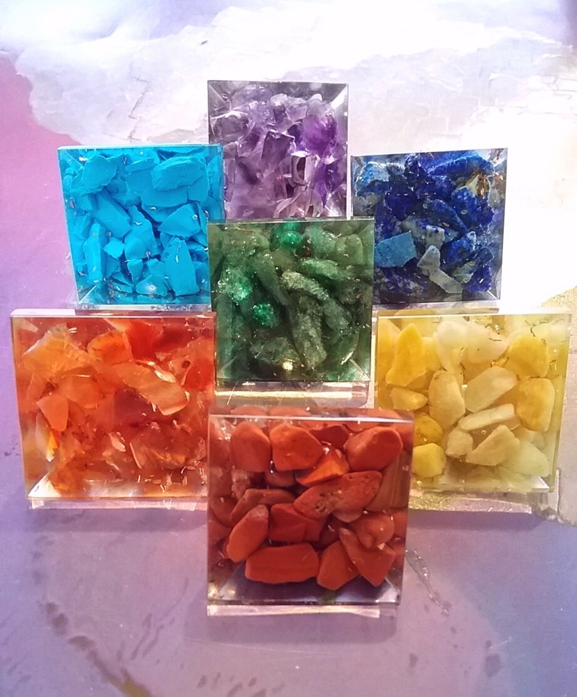 7 PIECE PYRAMID SET, 7 ORGONE CHAKRA CRYSTAL PYRAMIDS, CHAKRA PYRAMID SET