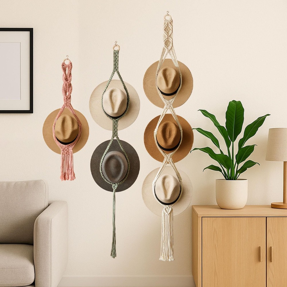 Boho Hat Organizer Rack, Macrame Hat Hanger, Handmade Hat Holder for Wall Han...