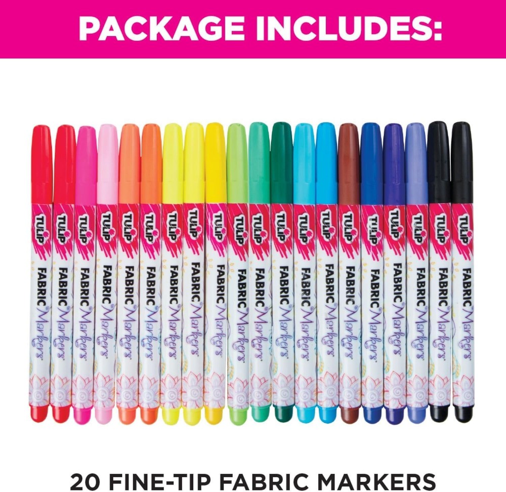 Permanent Fabric Markers Rainbow 20 Pack Fine Tip Minimal Bleed & Fast Drying