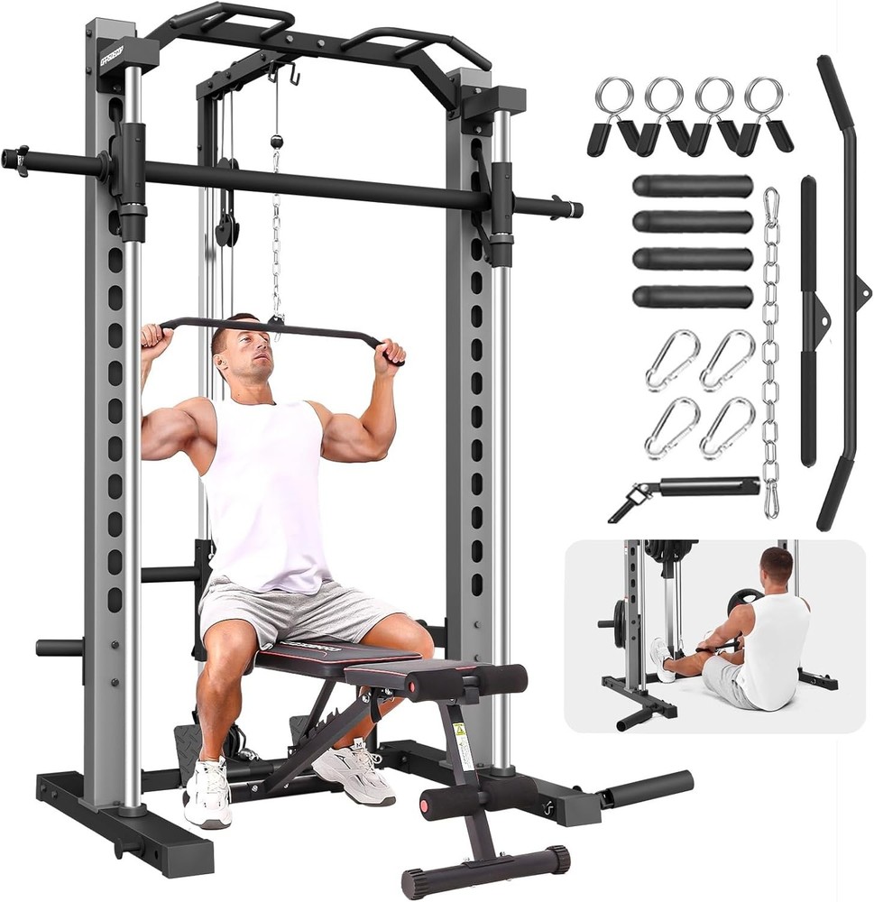 Smith Machine, Multi-Function Power Cage Squat Rack with LAT-Pull Down System US