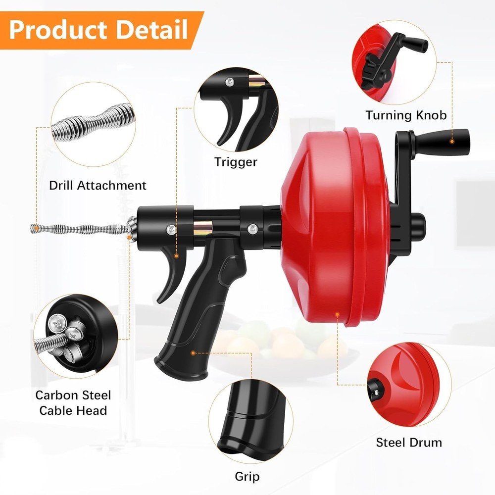 25FT Professional Drain Snake Plus Safety Gear – Ultimate Clog Clearing Solution