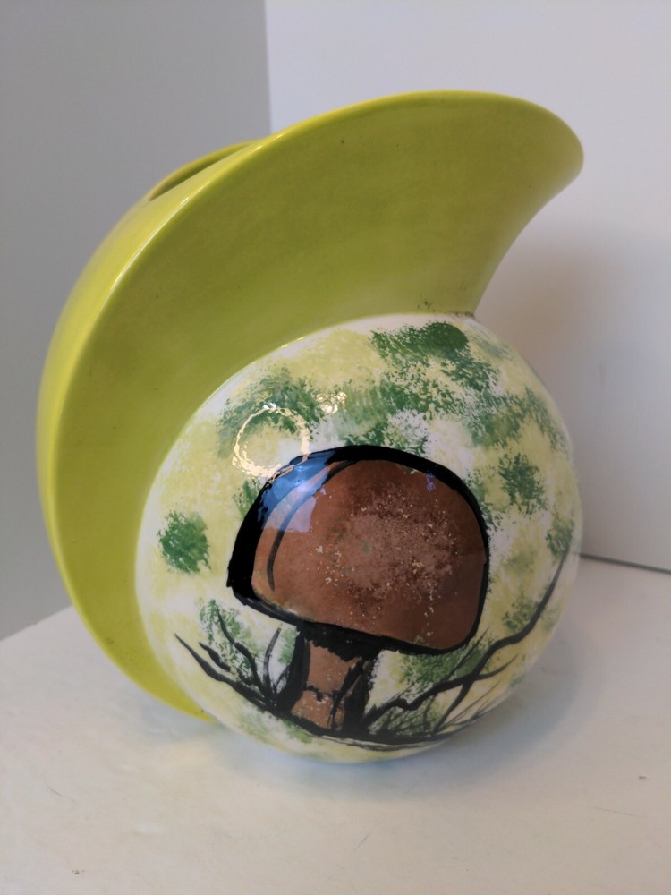 Retro Ceramic Colored Painted Mushroom Pitcher Pottery Signed MCM