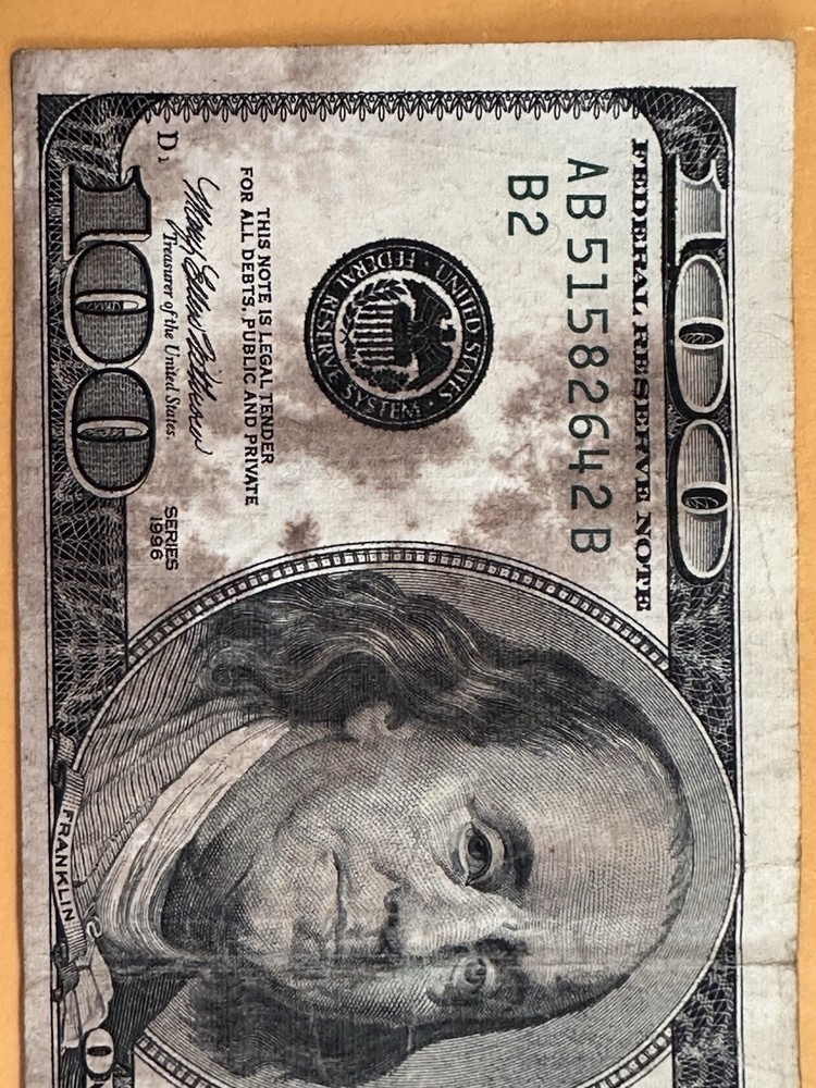 1996 $100 Dollar Bill Cut Error And Ink Error