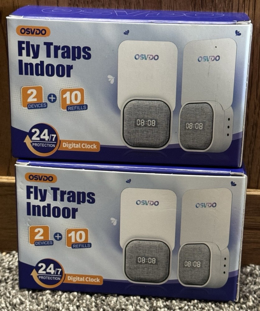NIB! 2 Boxes/4 Devices/20 Refills ~ OSVDO Indoor Fly Traps Digital Clock Plug-In